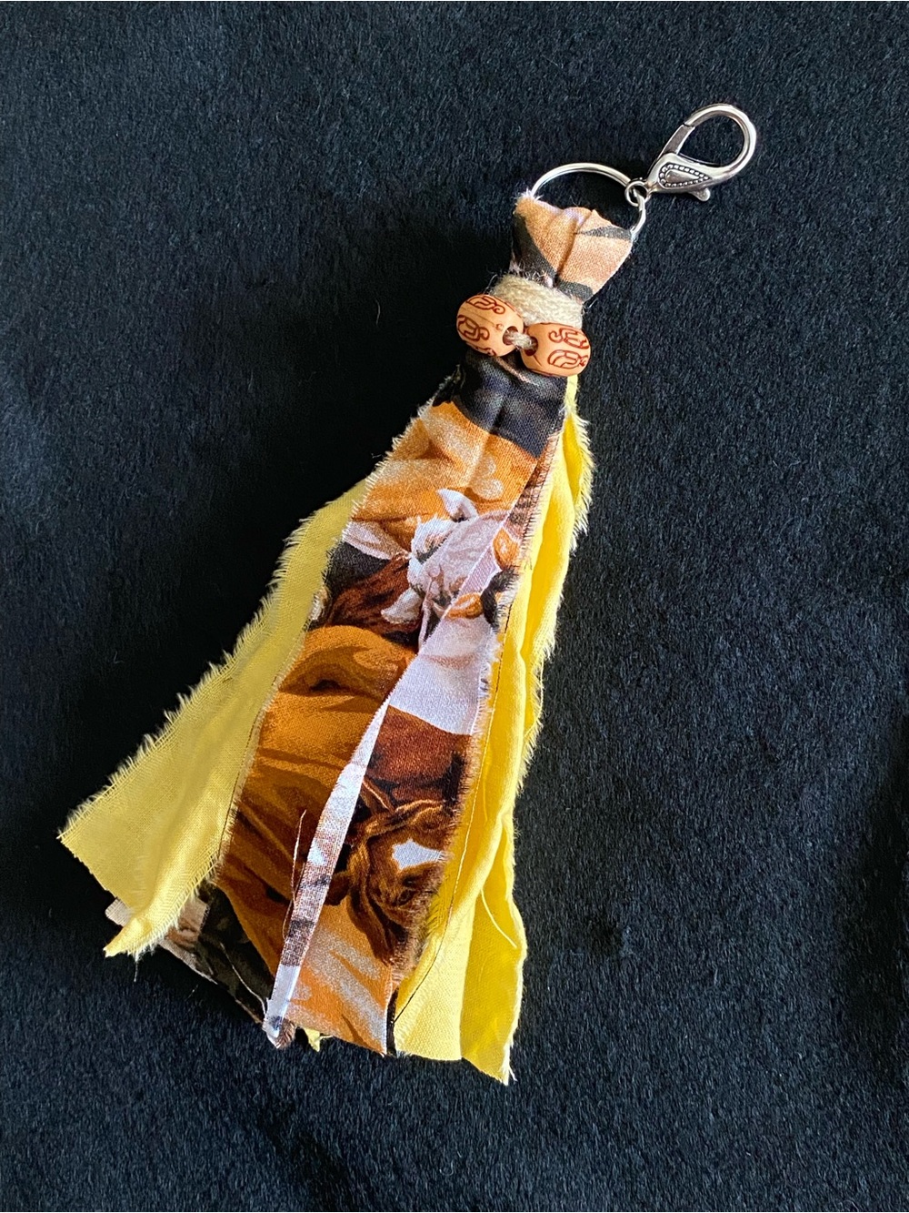 Yellow Fabric Tassel Keychain with Wood Bead